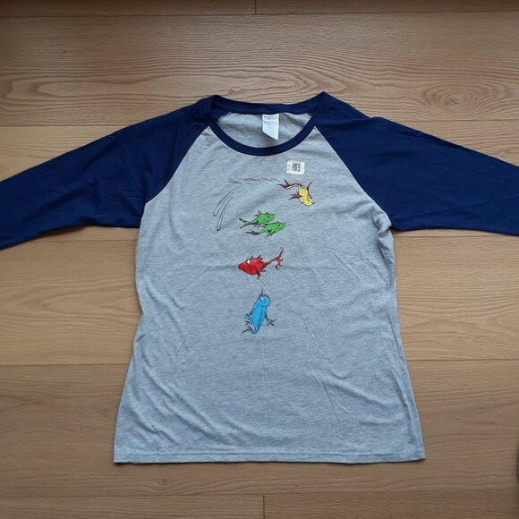 One Fish Two Fish Red Fish Blue Fish - New Navy Blue & Grey Baseball Tee T-Shirt - Picture 5 of 5
